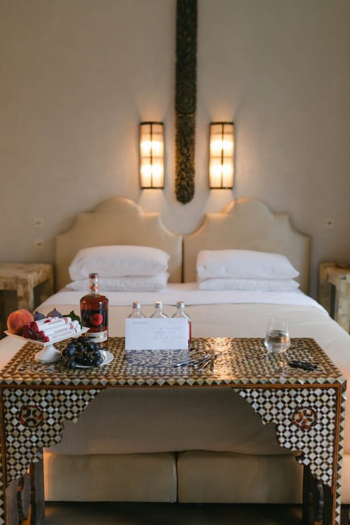 Explore a stylish hotel room with intricate furniture and upscale amenities in Istanbul.